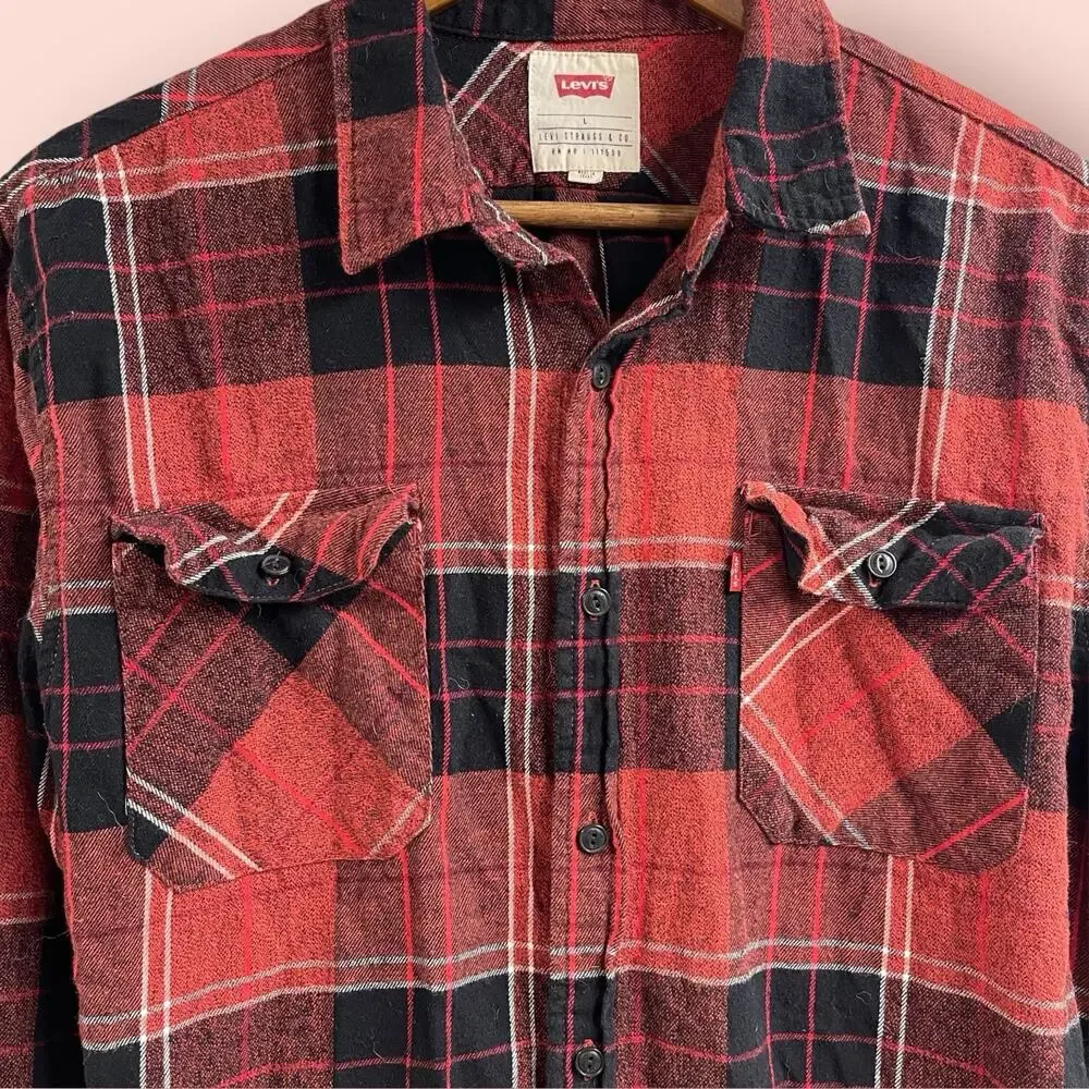 Levis Levi Strauss & Co Plaid Shirt Red & Black Long Sleeve Button Up Mens Large